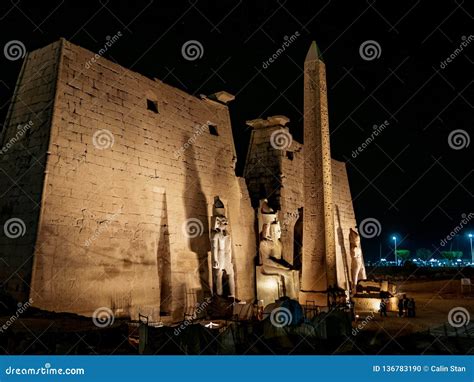 The Luxor Temple with the Great Obelisk in Front at Night Stock Photo ...