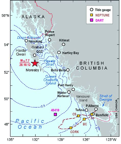 Map of coastal British Columbia showing the location of coastal tide ...