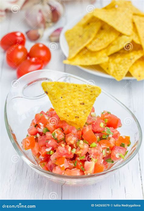 Bowl of Fresh Homemade Salsa Dip with Nachos Stock Image - Image of flavor, fresca: 54265079