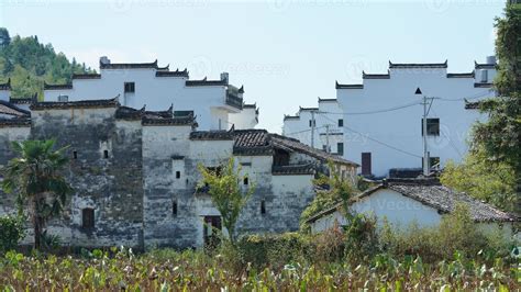 The beautiful traditional Chinese village view with the classical architecture and fresh green ...