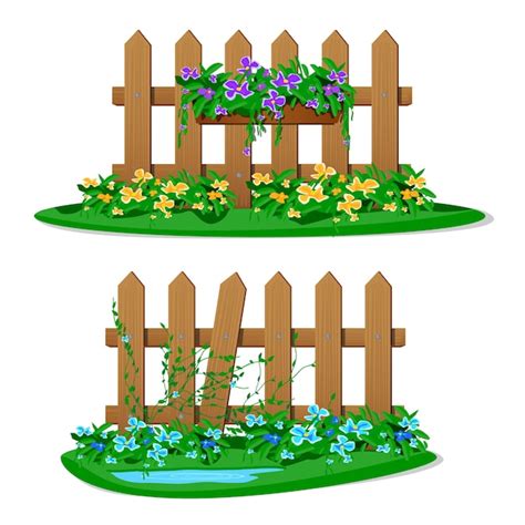 Premium Vector | Cartoon wooden fence with garden flowers in hanging ...