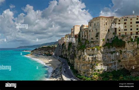 The medieval old town of Tropea with its turquoise sea and sandy beaches, Tropea, Vibo Valentia ...