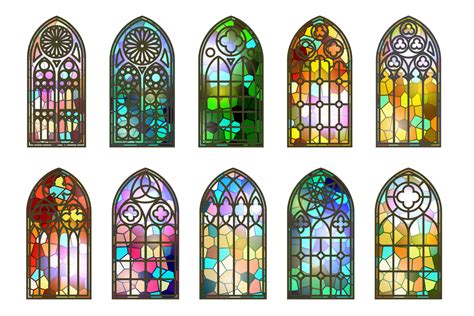Gothic stained glass windows. Church medieval arches. Catholic cathedral mosaic frames. Old ...