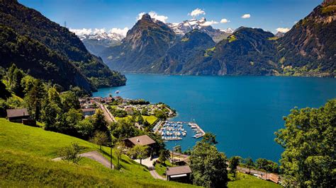 Village Near Alps Lake Around Mountain Panorama Switzerland HD Travel Wallpapers | HD Wallpapers ...