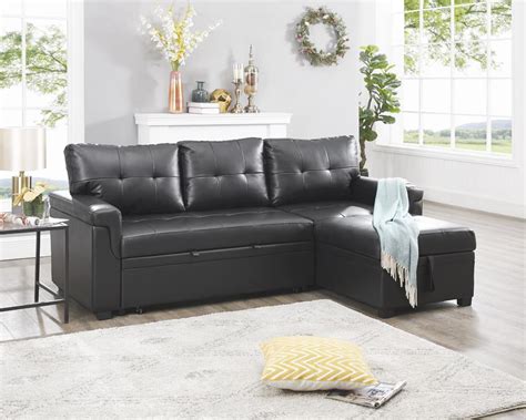 Naomi Home Laura Reversible Sleeper Sectional Sofa Storage Chaise-Color:Black,Fabric:Air Leather ...