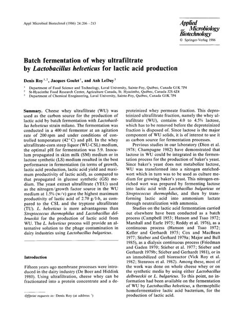 (PDF) Batch Fermentation of Whey Ultrafiltrate by Lactobacillus ...