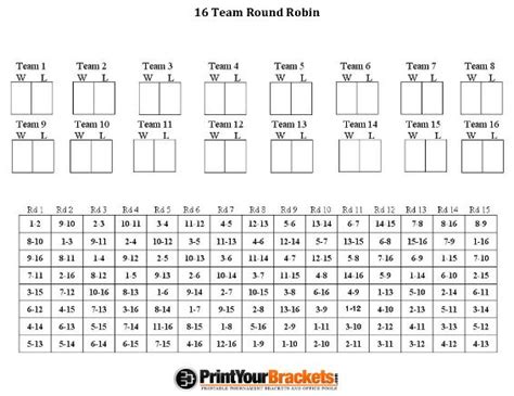 16 Team Round Robin Printable Tournament Bracket | Tournaments, Elementary physical education ...