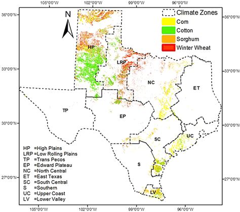 Ten climate zones and the study domain (Texas). Cropland distributions... | Download Scientific ...