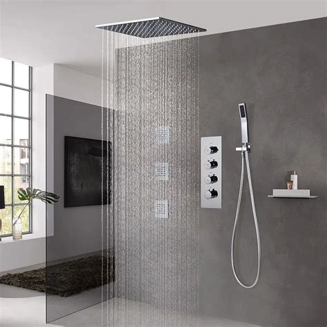 Modern Style 16" Polished Chrome Square Rain Shower System with Handheld Shower & 3 B ...