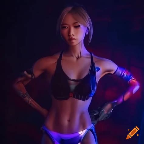 Image of a muscular asian cyberpunk heroine on Craiyon