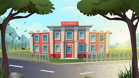 Free Vector | Vector cartoon illustration. School building on a green ...