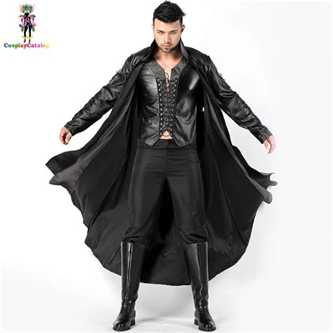 Halloween Retro Men Vampire Costumes Out For Blood Costume Leather Cloak Carnival Scary Mens ...