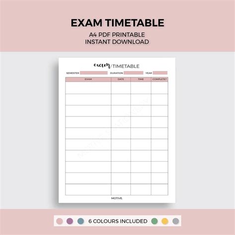 Exam Timetable A4 PDF Printable - Etsy UK