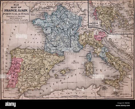 Map of France, Spain, Portugal and Italy with a Greece inset, circa ...