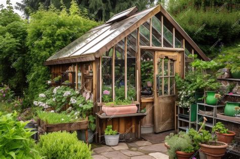 Premium AI Image | Wooden garden shed with greenhouse windows filled ...