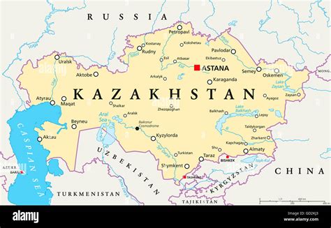 Kazakhstan political map with capital Astana, national borders, important cities, rivers and ...