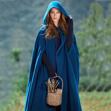 Women Vintage Poncho Cape Autumn Black Casual Hooded Long Overcoat Blue ...