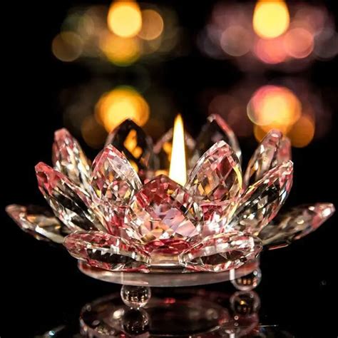 7 Colors Crystal Glass Lotus Flower Candle Holder Tea Light Holder Buddhist Candlestick holder ...