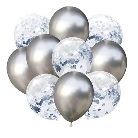 A set of silver chrome balloons with confetti, 30 cm, 10 pieces | Latex ...