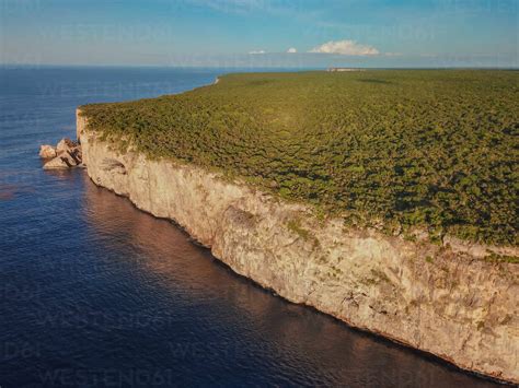 Aerial View of Mona Island Clifts, Puerto Rico. stock photo