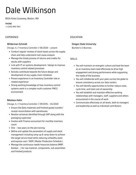 Inventory Controller Resume Samples | Velvet Jobs