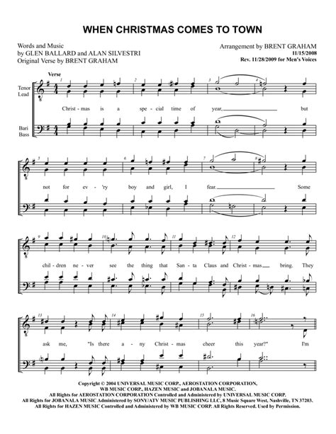 When Christmas Comes To Town (arr. Brent Graham) Sheet Music | Glen Ballard | TTBB Choir