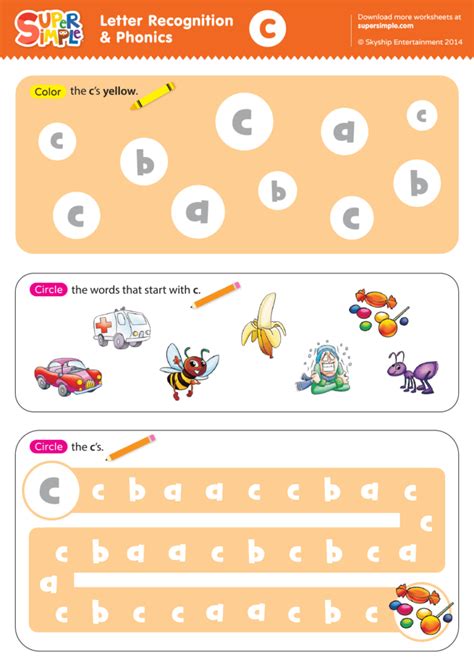 Letter Recognition & Phonics Worksheet - c (lowercase) - Super Simple