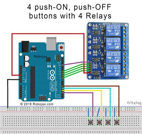 Using 4 Push buttons to control 4 channel relays with Arduino | Robojax.com