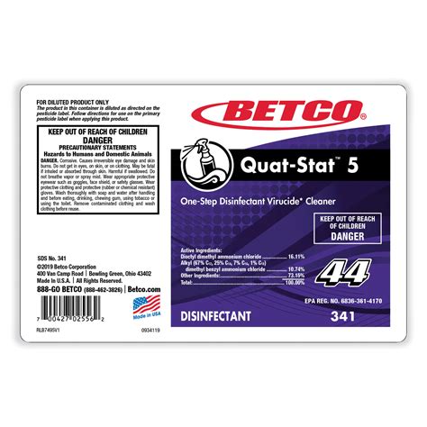 Betco® Quat-Stat 5 Disinfectant, Lavender Scent, 2 L Bottle, 4/Carton ...