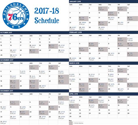 2017-18 76ers Calendar Schedule for those who like the visual. : r/sixers