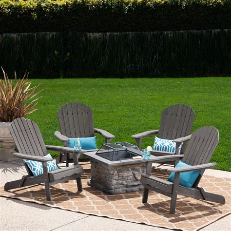 Michaela Outdoor 5 Piece Acacia Wood Adirondack Chair Set with Wood Burning Concrete Fire Pit ...