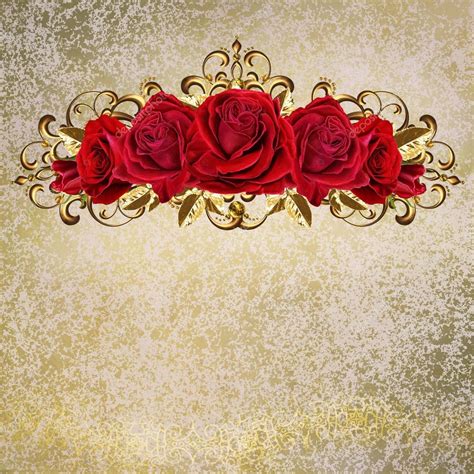 Composition of red roses in a gold frame. Old style. Pastel shades ...