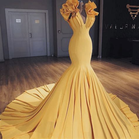 Yellow Eveniing Dresses Long V Neck Mermaid Elegant Satin Modest Cheap ...