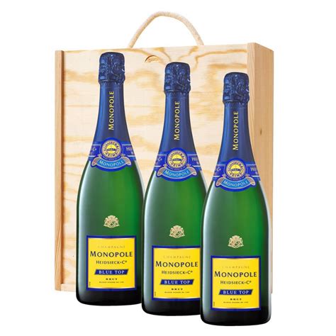 3 x Monopole Heidsieck & Co Blue Top Brut Champagne 75cl In A Pine ...