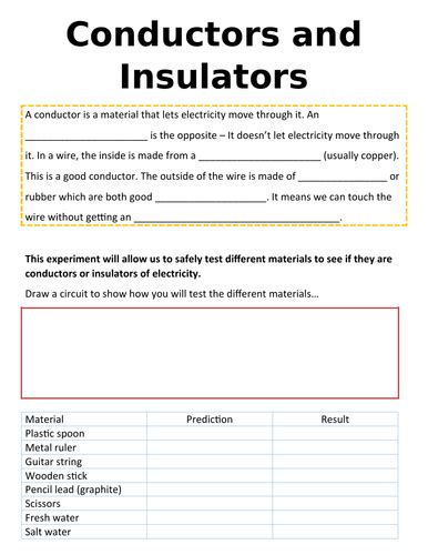 Conductors and Insulators Worksheet and Short Experiment | Teaching Resources