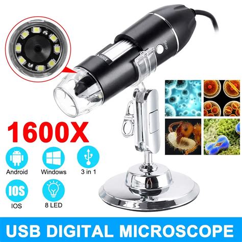 3 In 1 New Portable HD 1600X 2MP Zoom Microscope 8 LED Micro USB Type c ...