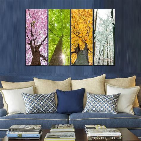 Original Oil Ink 4 Panels Canvas Print Four season Tree Painting On ...