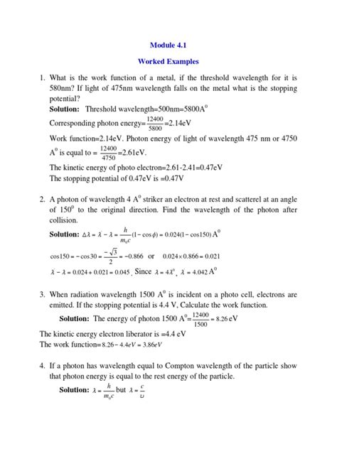 Solution: Threshold Wavelength 500nm 5800A: Worked Examples | PDF | Electronvolt | Photon
