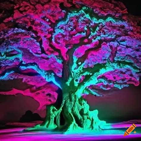 Ancient live oak tree in glowing neon colors on Craiyon