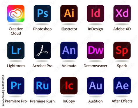Set of popular Adobe apps icons: Creative Cloud, Photoshop, Illustrator, InDesign, Adobe XD and ...