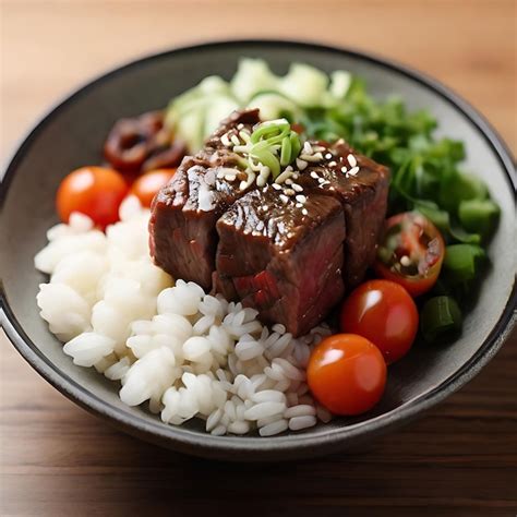 Premium AI Image | cubed shaken beef rice with white sesame on top and chopped AI