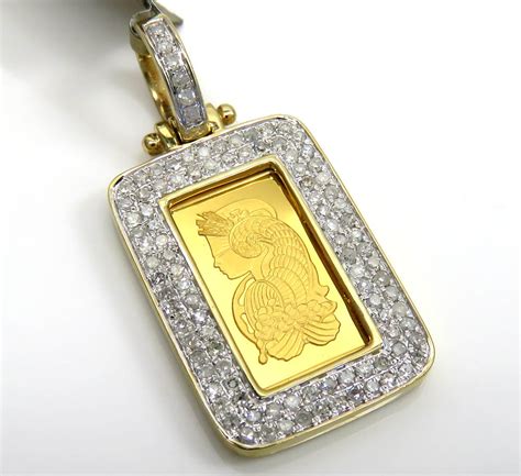 Buy 10k Yellow Gold 2 Row Diamond Frame With Suisse 24k Gold Mini Bar Pendant 0.53ct Online at ...