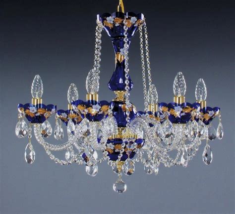 6-arm Indigo's blue crystal chandelier with enameled flowers | Bohemian glass