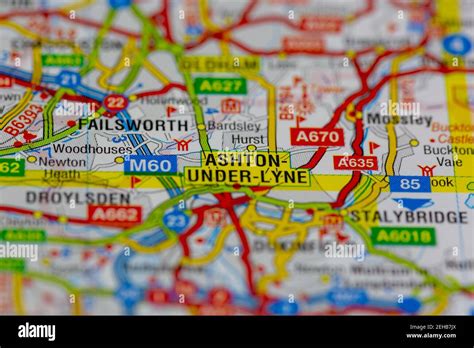 Ashton under lyne and surrounding areas shown on a road map or ...