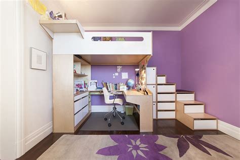 Loft bed with desk underneath. Purple accent walls Cute Bedroom Ideas ...