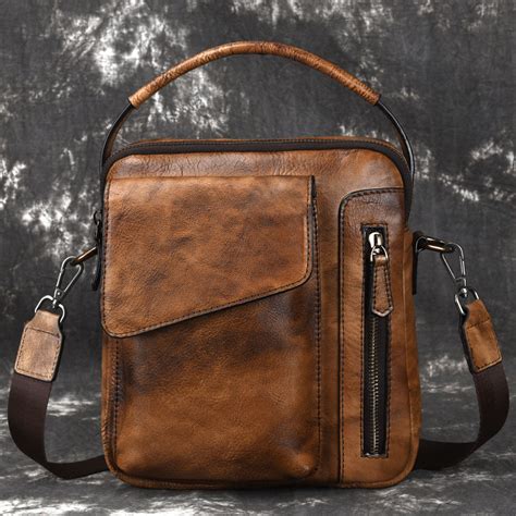 Vintage Brown Leather Men's Small Side Bag Vertical Business Handbag B – iwalletsmen