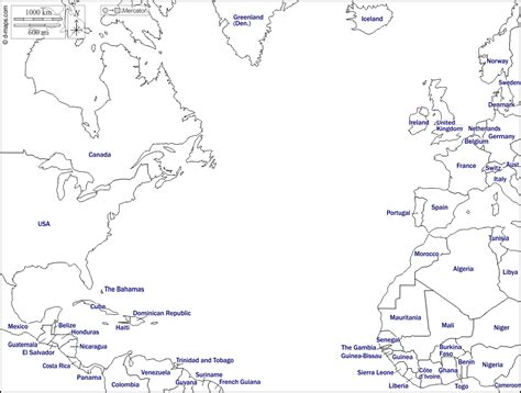 Northern Atlantic Ocean free map, free blank map, free outline map, free base map states, names ...