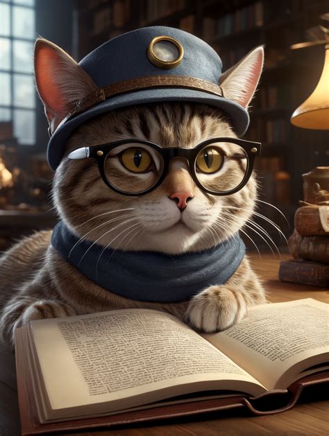 Premium Free ai Images | animated cute cat reading glasses hat in the style of pixar detailed ...