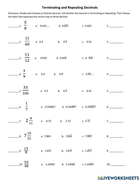 Repeating Decimals Worksheet