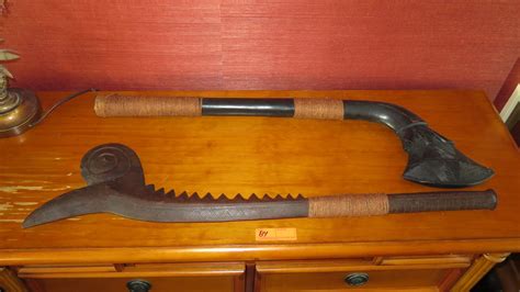 2 Fijian Wooden War Clubs, Reproduction, 38.5" L - Oahu Auctions